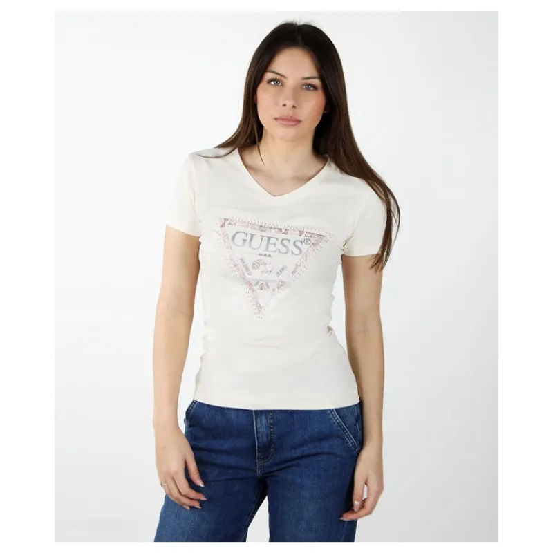 T-SHIRT CON LOGO TRIANGOLO E STRASS GUESS- T-shirt & Top